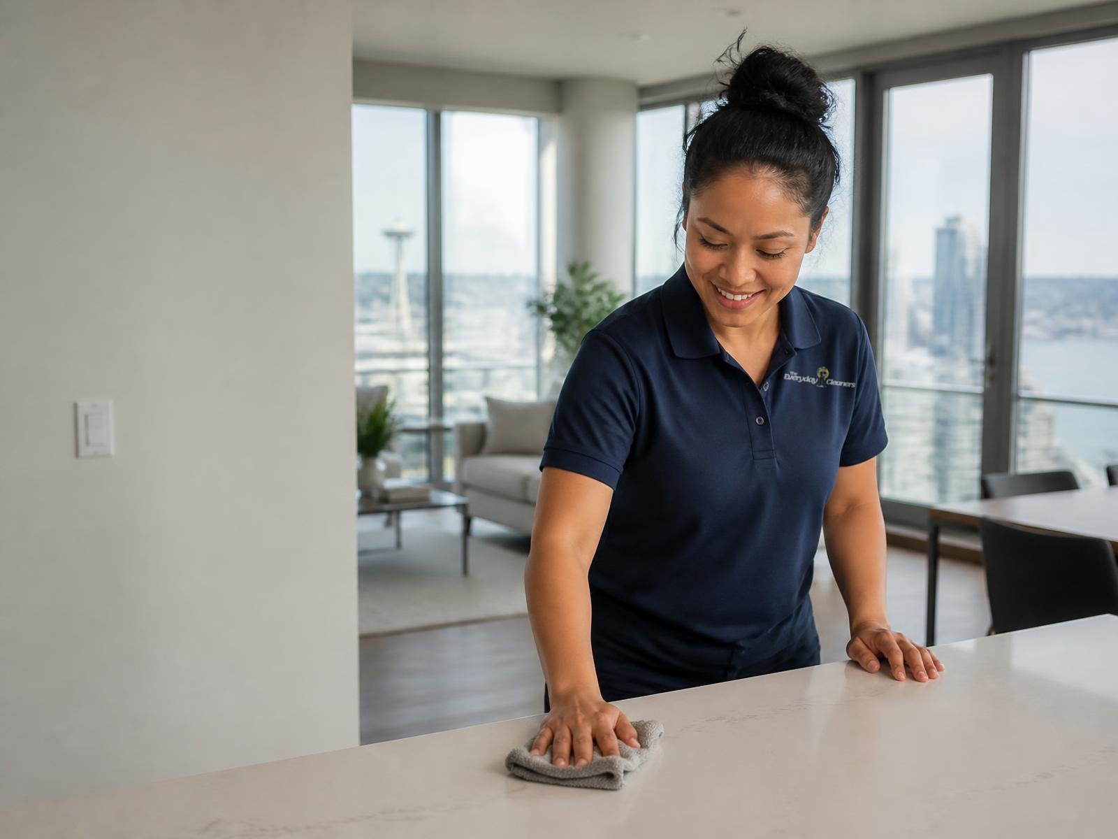 Professional residential cleaner from The Everyday Cleaners wiping a kitchen counter in a bright Seattle home