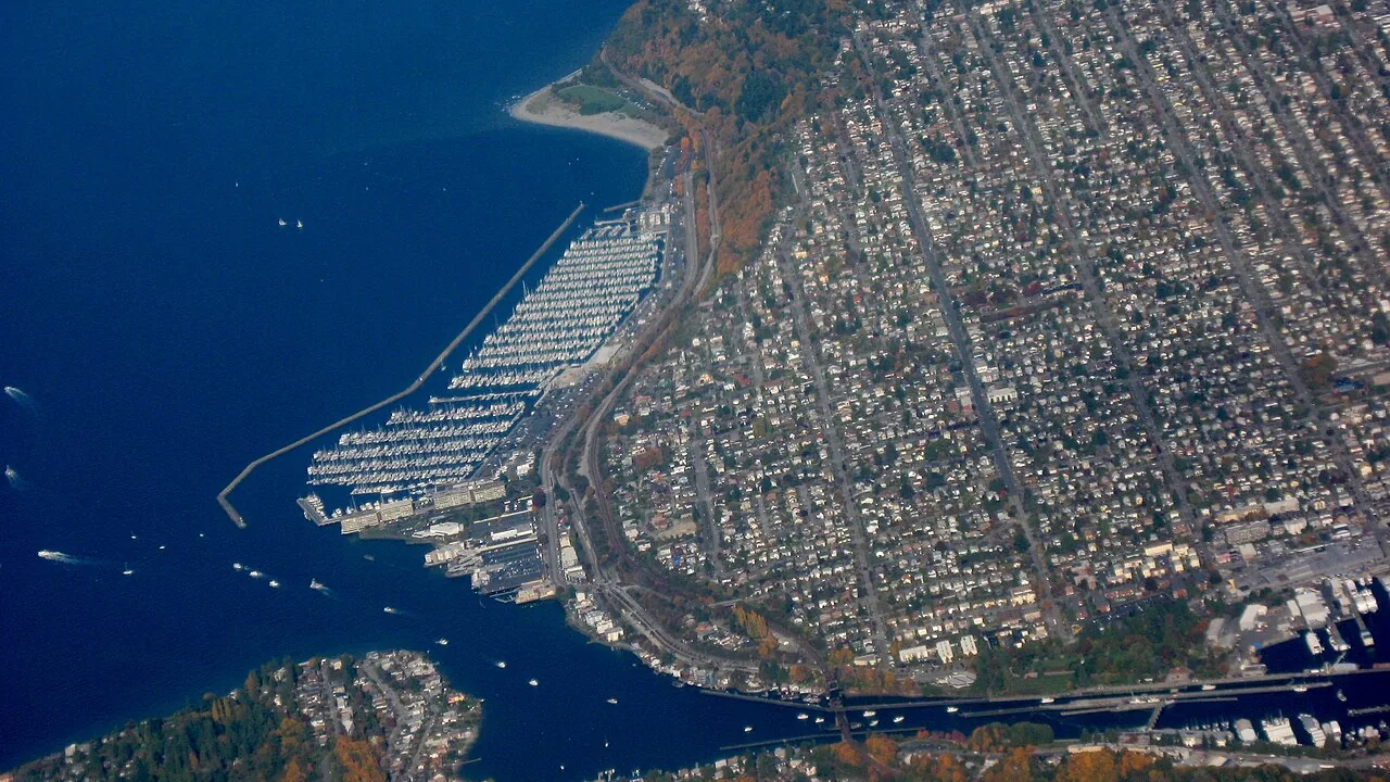 Aerial view of Ballard homes and waterfront in Seattle.