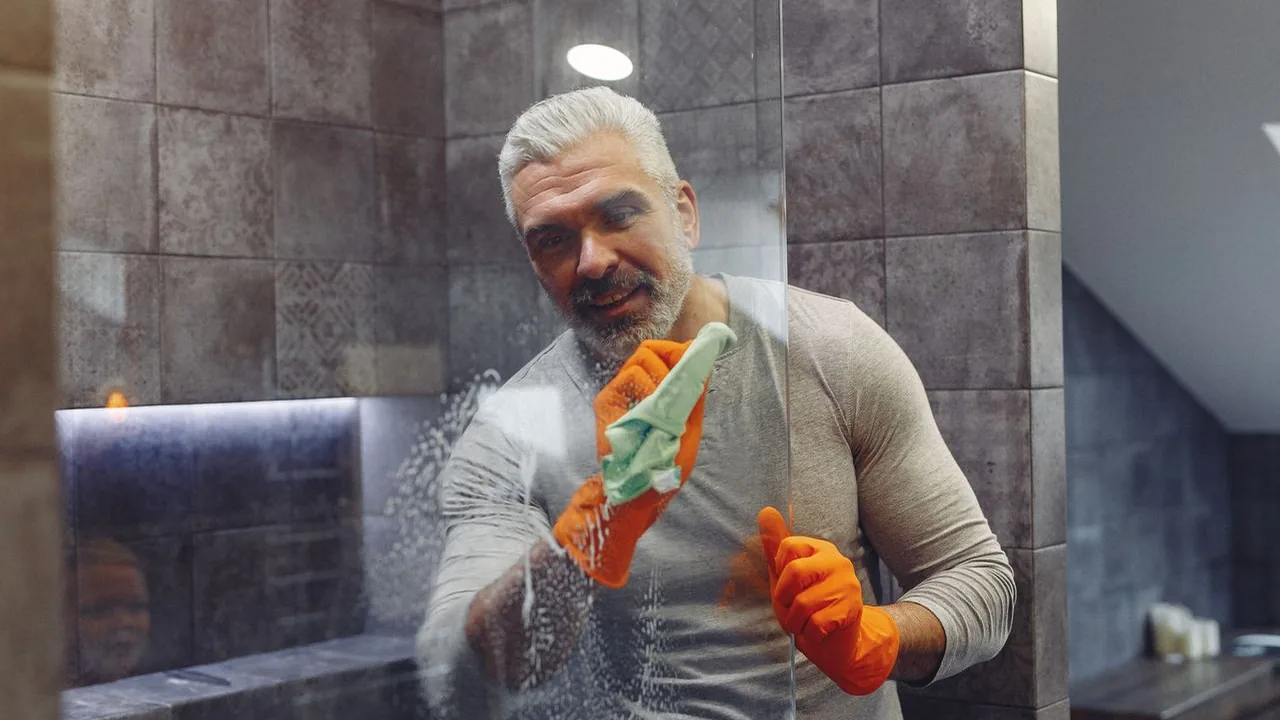 Professional cleaner scrubbing a shower for a Seattle deep cleaning checklist.